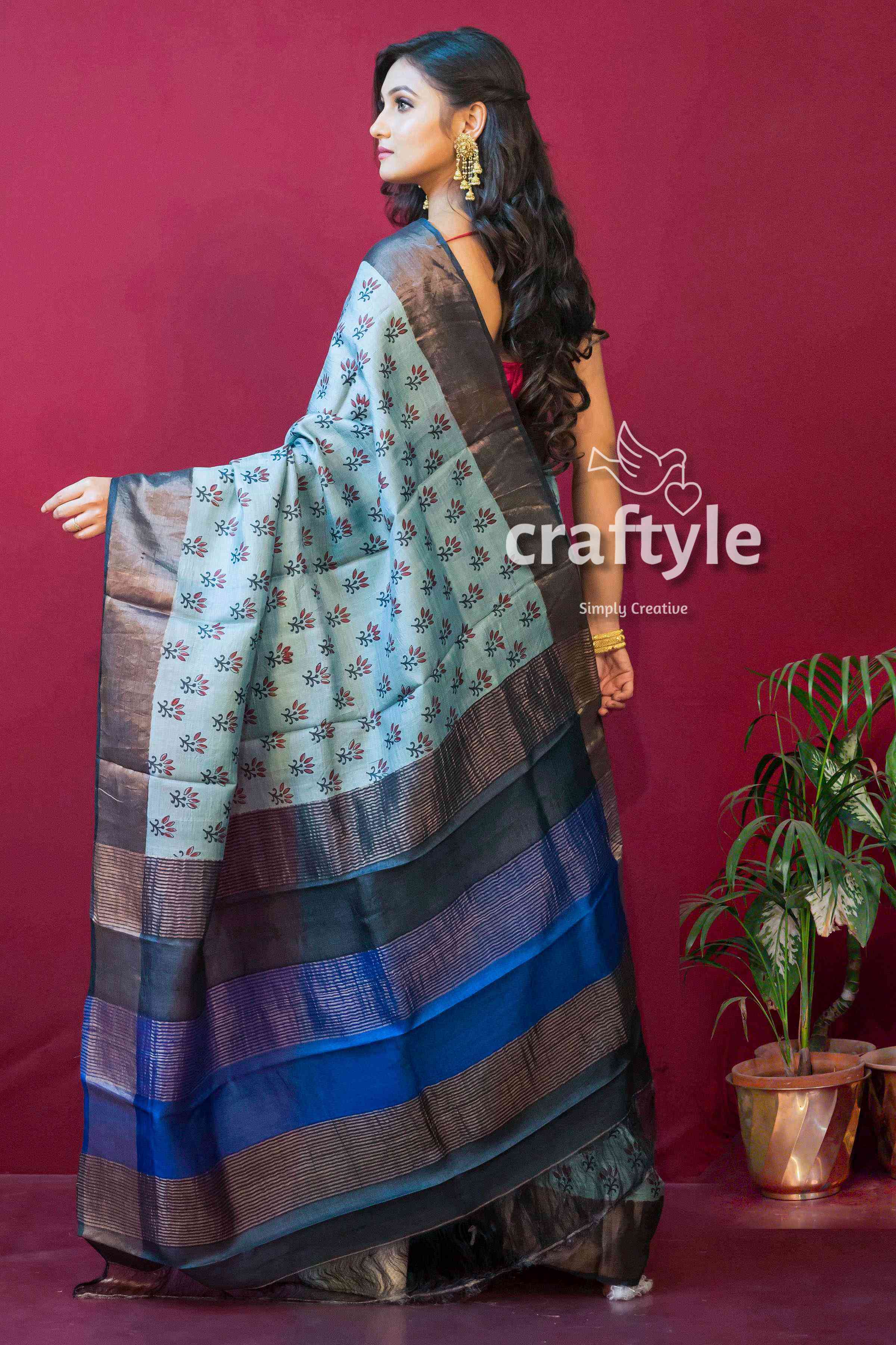 Stone Blue Hand Block Print Zari Pure Tussar Saree for Women - Craftyle