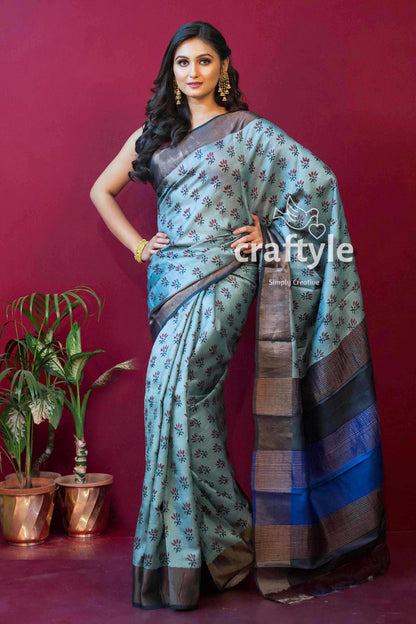 Stone Blue Hand Block Print Zari Pure Tussar Saree for Women - Craftyle