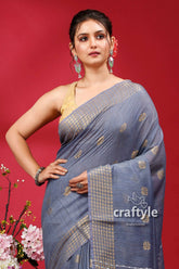 Storm Gray Bhagalpuri Silk Saree with Golden Zari Border - Ghicha Silk - Craftyle