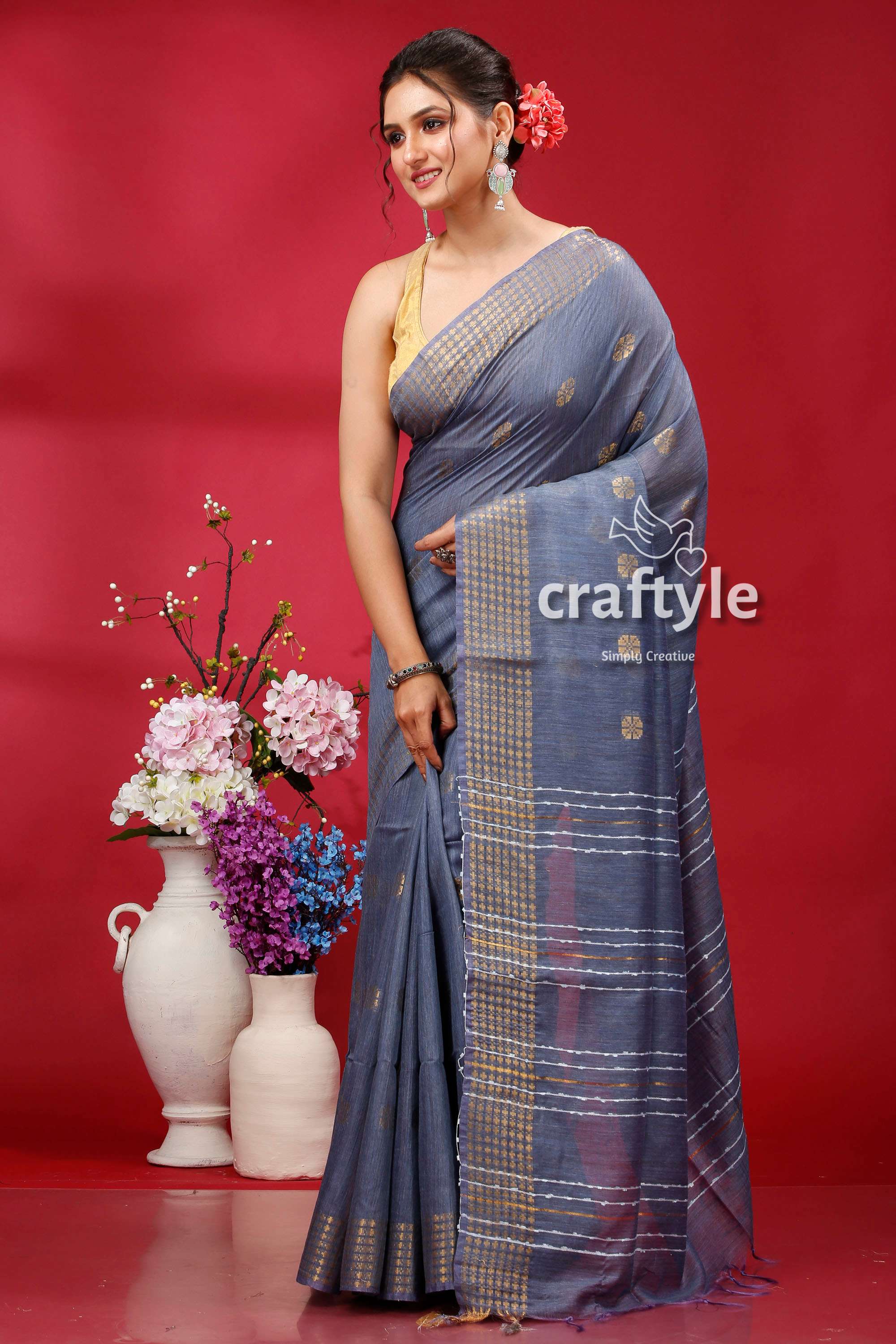 Storm Gray Bhagalpuri Silk Saree with Golden Zari Border - Ghicha Silk - Craftyle