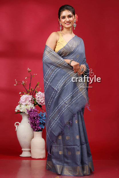 Storm Gray Bhagalpuri Silk Saree with Golden Zari Border - Ghicha Silk - Craftyle