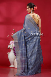 Storm Gray Bhagalpuri Silk Saree with Golden Zari Border - Ghicha Silk - Craftyle