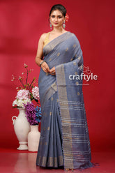 Storm Gray Bhagalpuri Silk Saree with Golden Zari Border - Ghicha Silk - Craftyle