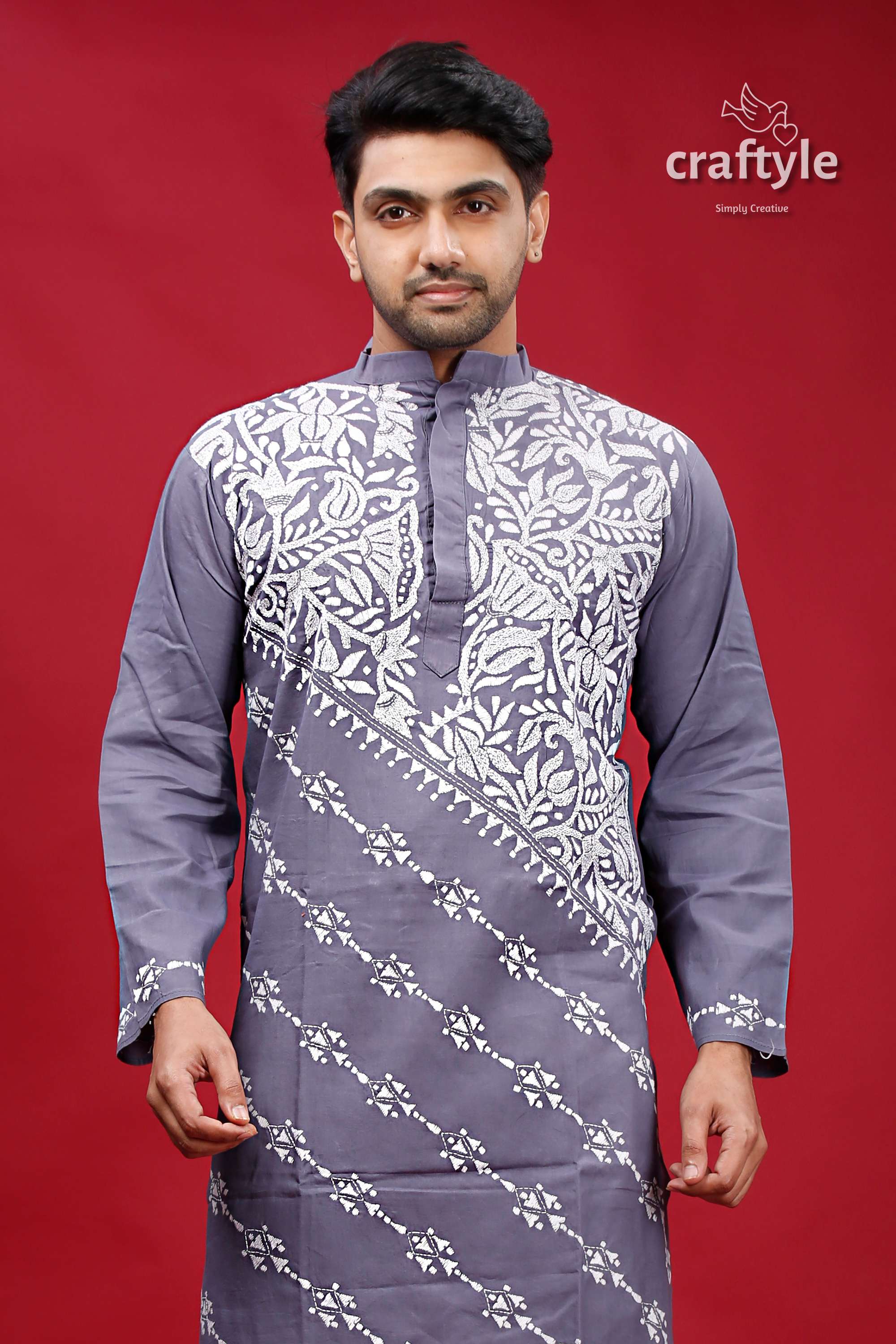 Storm Grey Lotus Motif Kantha Work Cotton Kurta for Men - Craftyle