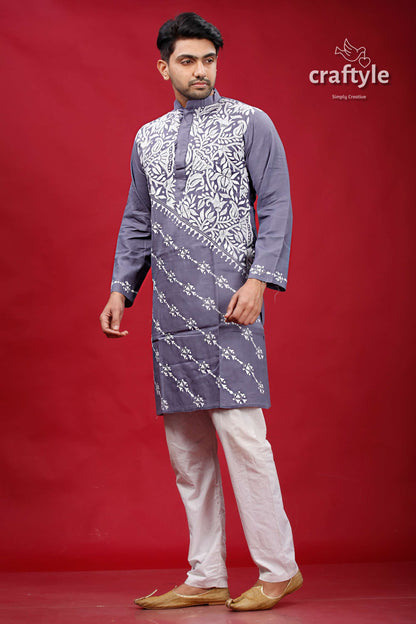 Storm Grey Lotus Motif Kantha Work Cotton Kurta for Men - Craftyle