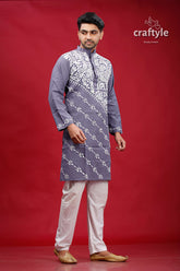 Storm Grey Lotus Motif Kantha Work Cotton Kurta for Men - Craftyle