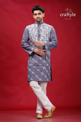 Storm Grey Lotus Motif Kantha Work Cotton Kurta for Men - Craftyle