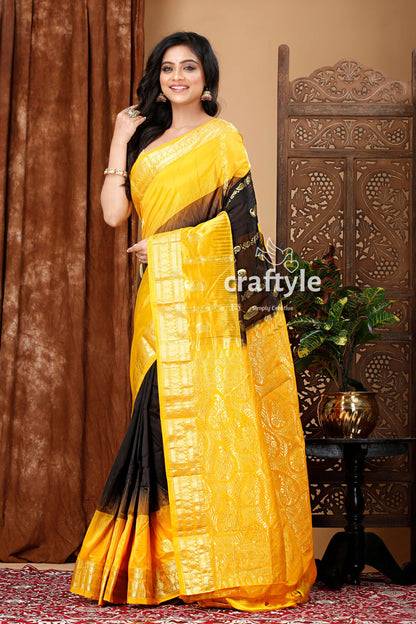 Stunning Coal Black and Yellow Kanjivaram Silk Saree - Perfect for Any Occasion - Craftyle