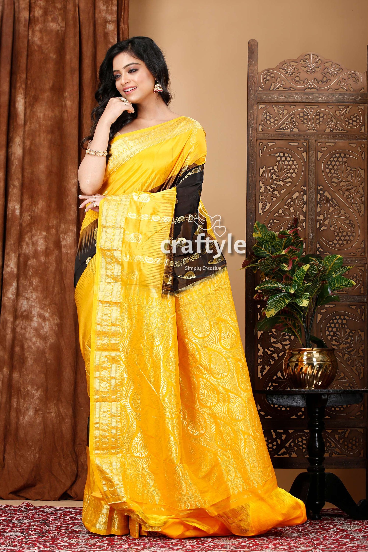 Stunning Coal Black and Yellow Kanjivaram Silk Saree - Perfect for Any Occasion - Craftyle