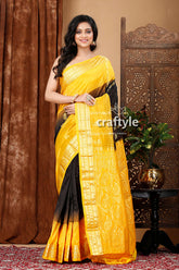 Stunning Coal Black and Yellow Kanjivaram Silk Saree - Perfect for Any Occasion - Craftyle