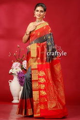 Stunning Deep Slate Gray and Red Kanjivaram Silk Saree - Perfect for All Occasions - Craftyle