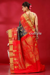 Stunning Deep Slate Gray and Red Kanjivaram Silk Saree - Perfect for All Occasions - Craftyle