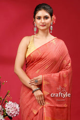 Stunning Light Coral Bhagalpuri Ghicha Silk Saree with Golden Zari Detailing - Craftyle