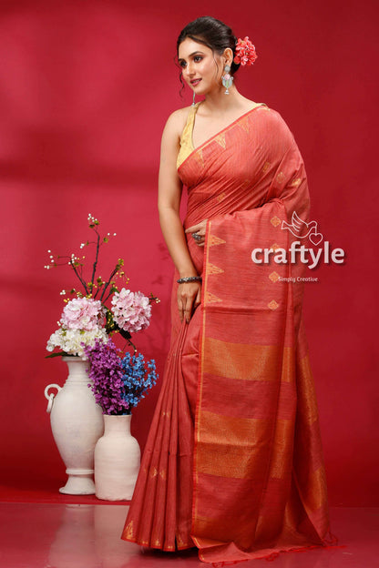 Stunning Light Coral Bhagalpuri Ghicha Silk Saree with Golden Zari Detailing - Craftyle