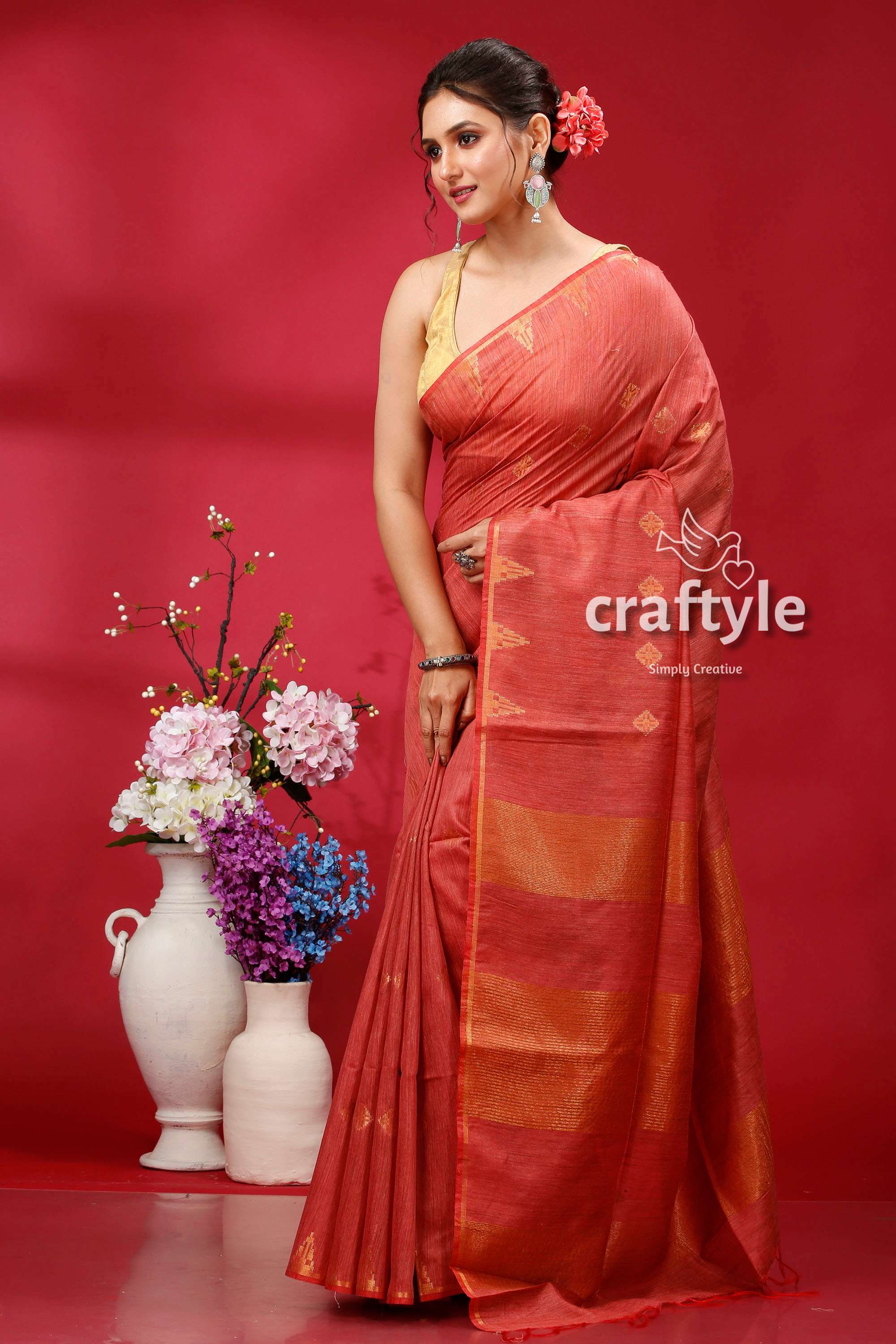 Stunning Light Coral Bhagalpuri Ghicha Silk Saree with Golden Zari Detailing - Craftyle