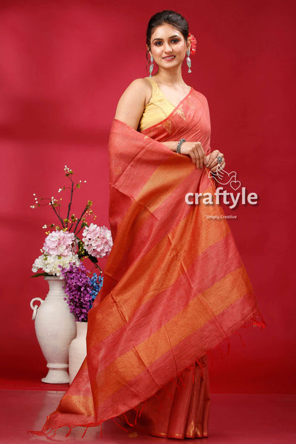 Stunning Light Coral Bhagalpuri Ghicha Silk Saree with Golden Zari Detailing - Craftyle