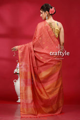 Stunning Light Coral Bhagalpuri Ghicha Silk Saree with Golden Zari Detailing - Craftyle