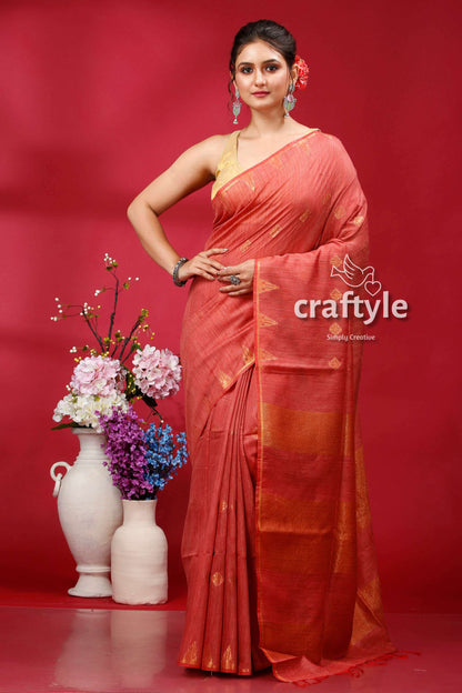 Stunning Light Coral Bhagalpuri Ghicha Silk Saree with Golden Zari Detailing - Craftyle