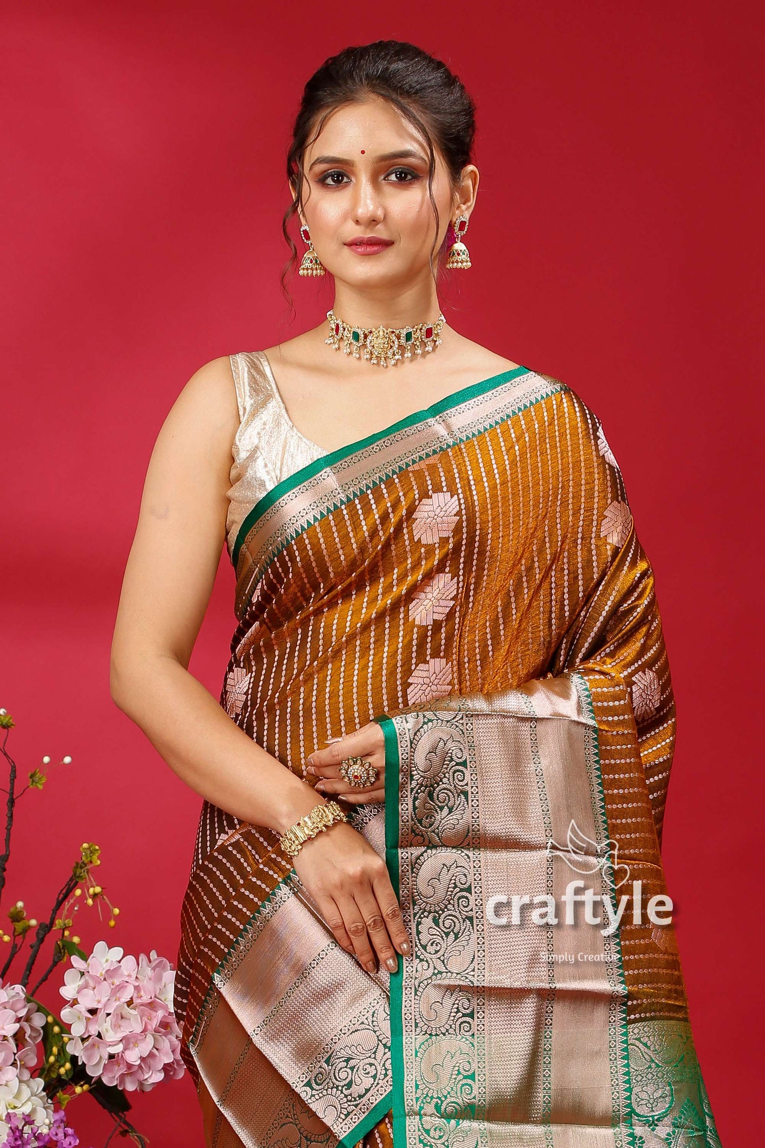 Stunning Walnut Brown Kosha Silk Saree - Luxurious Indian Wedding Attire - Craftyle