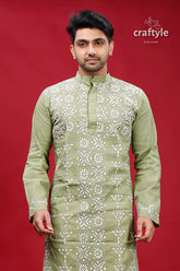 Swamp Green White Thread Hand Embroidered Kantha Men&