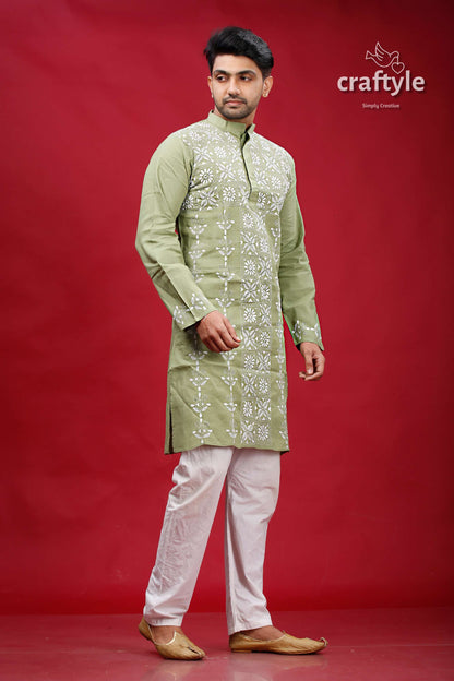 Swamp Green White Thread Hand Embroidered Kantha Men&