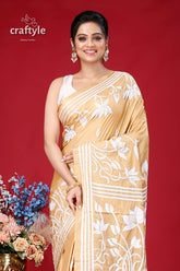 Tan White Lotus Design Silk Kantha Stitch Saree - Craftyle