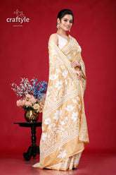 Tan White Lotus Design Silk Kantha Stitch Saree - Craftyle