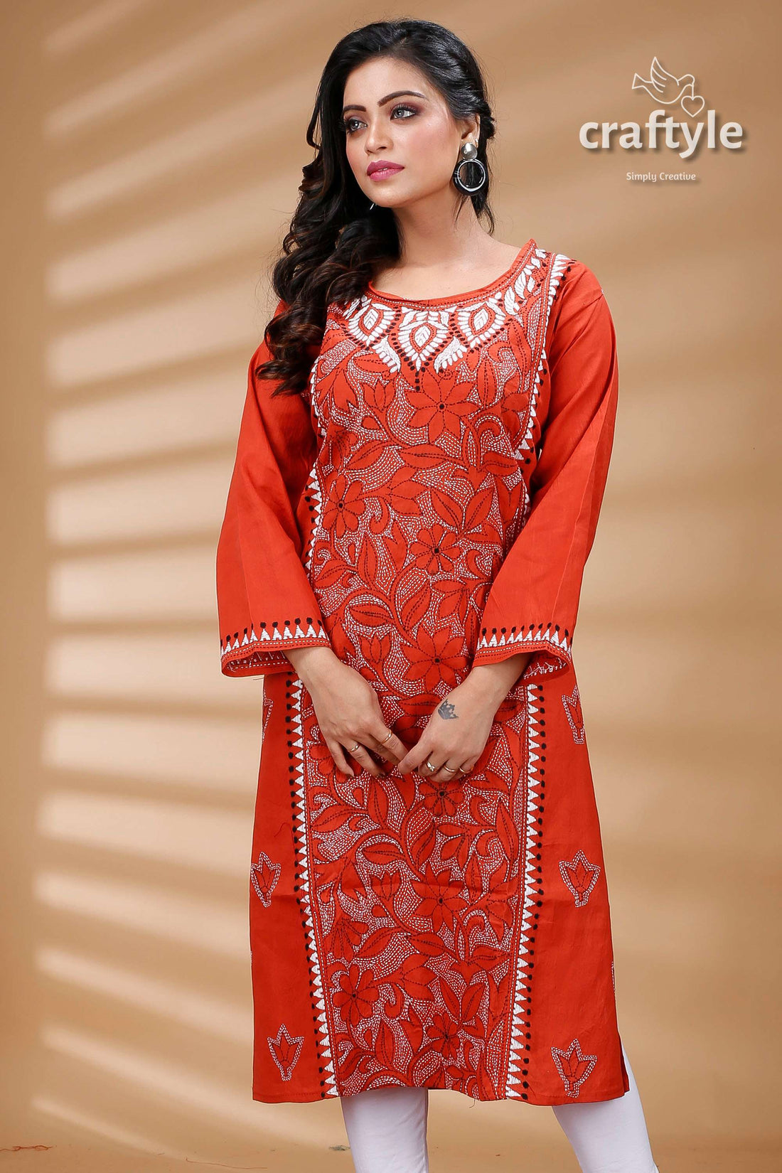 Terracotta Color Reverse Kantha Cotton Kurti for Women - Craftyle