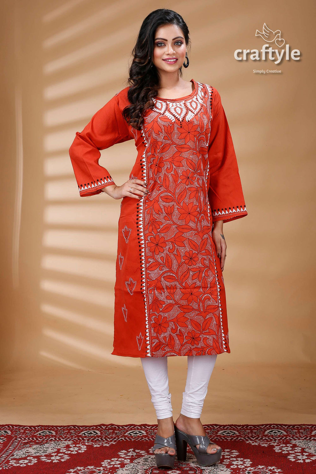 Terracotta Color Reverse Kantha Cotton Kurti for Women - Craftyle