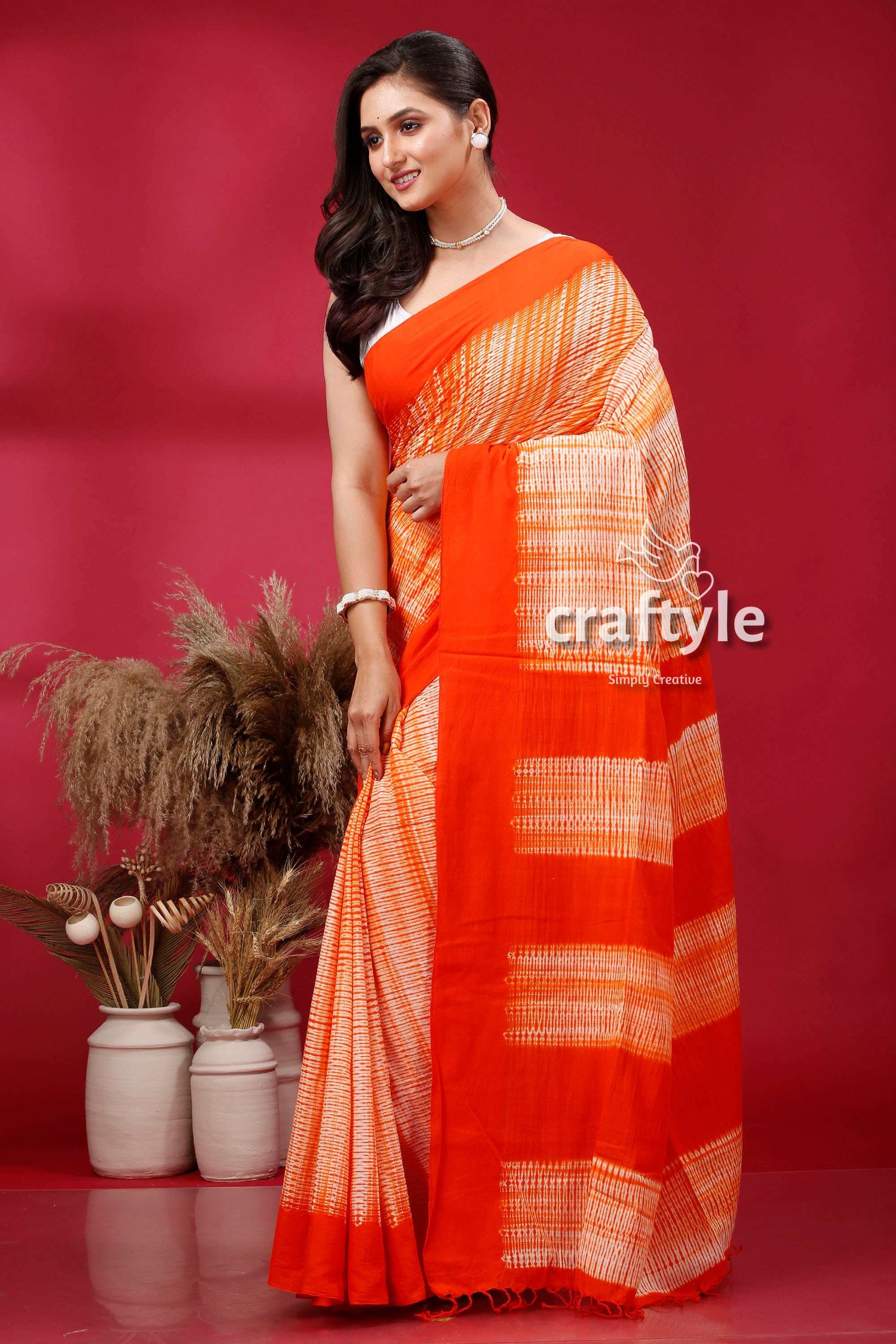 Tiger Orange Shibori Cotton Handwoven Saree - Perfect for Summer - Craftyle