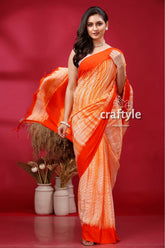 Tiger Orange Shibori Cotton Handwoven Saree - Perfect for Summer - Craftyle