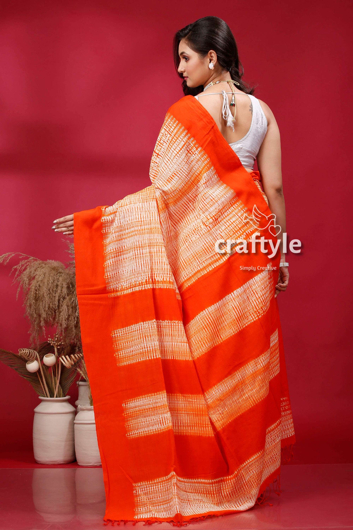 Tiger Orange Shibori Cotton Handwoven Saree - Perfect for Summer - Craftyle