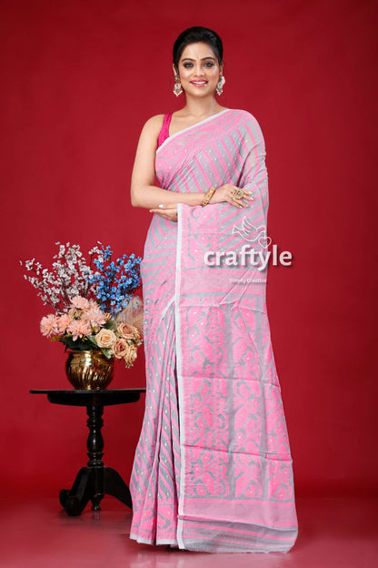 Tower Grey Pink Timeless Jamdani Saree - Perfect for Any Occasion - Craftyle