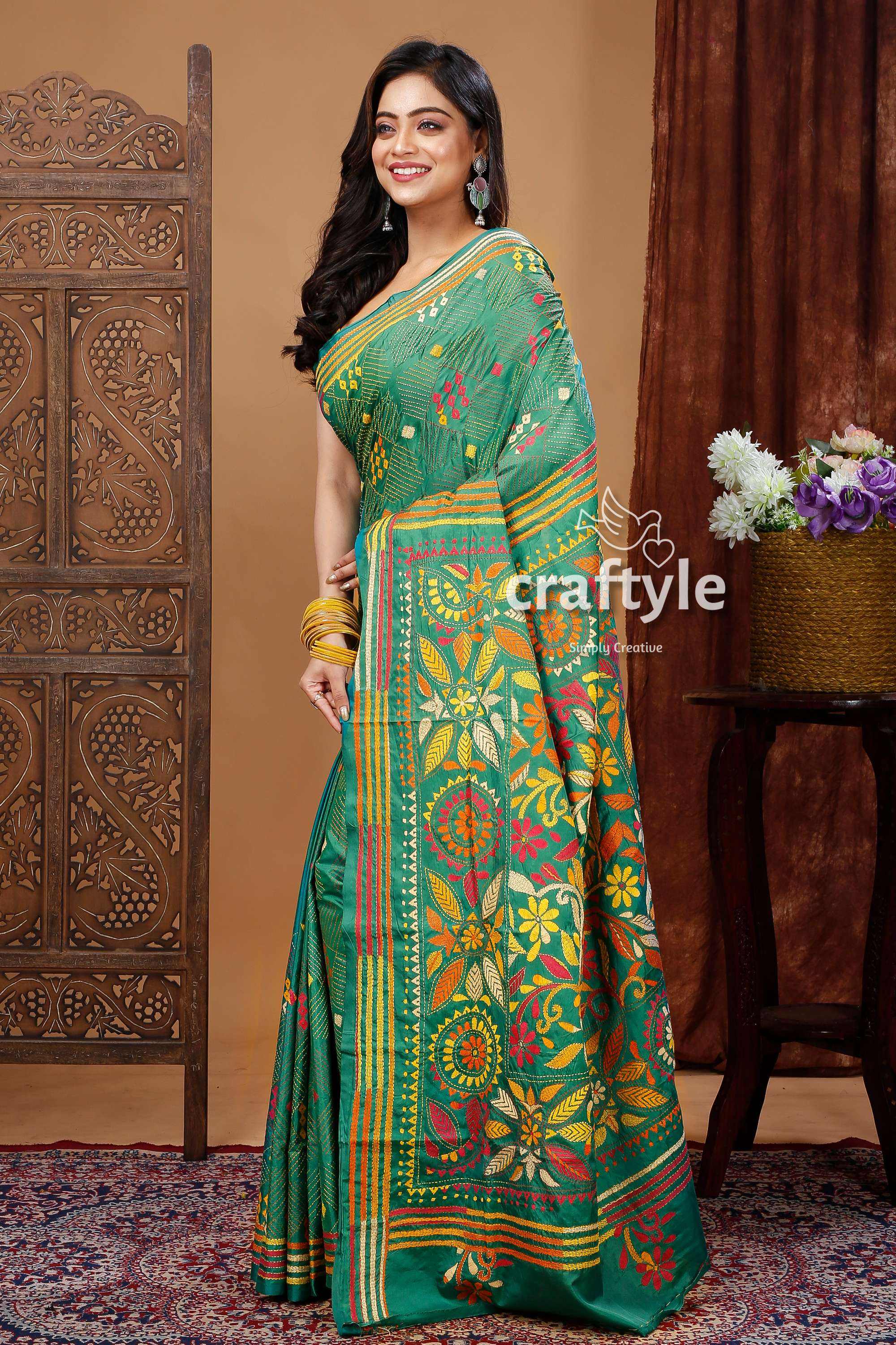 Traditional Forest Green Silk Kantha Saree for Women-Craftyle