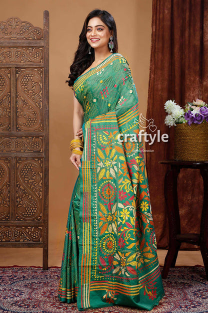 Traditional Forest Green Silk Kantha Saree for Women-Craftyle