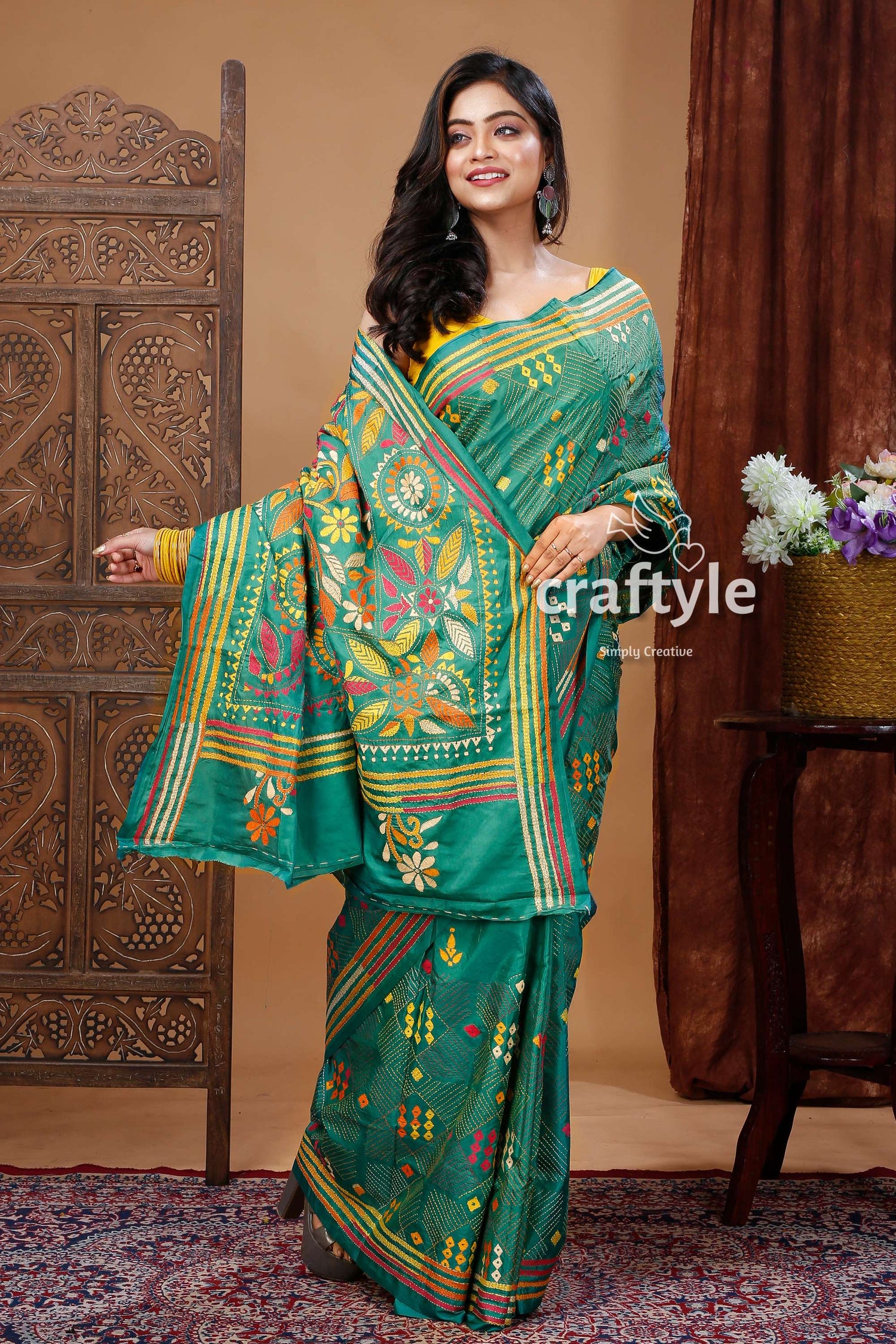 Traditional Forest Green Silk Kantha Saree for Women-Craftyle