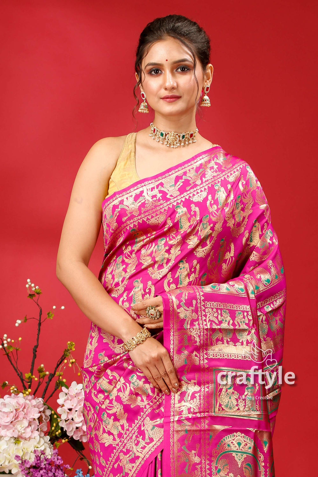 Traffic Purple Soft Silk Swarnachari Saree - Golden Zari Meena Work - Craftyle