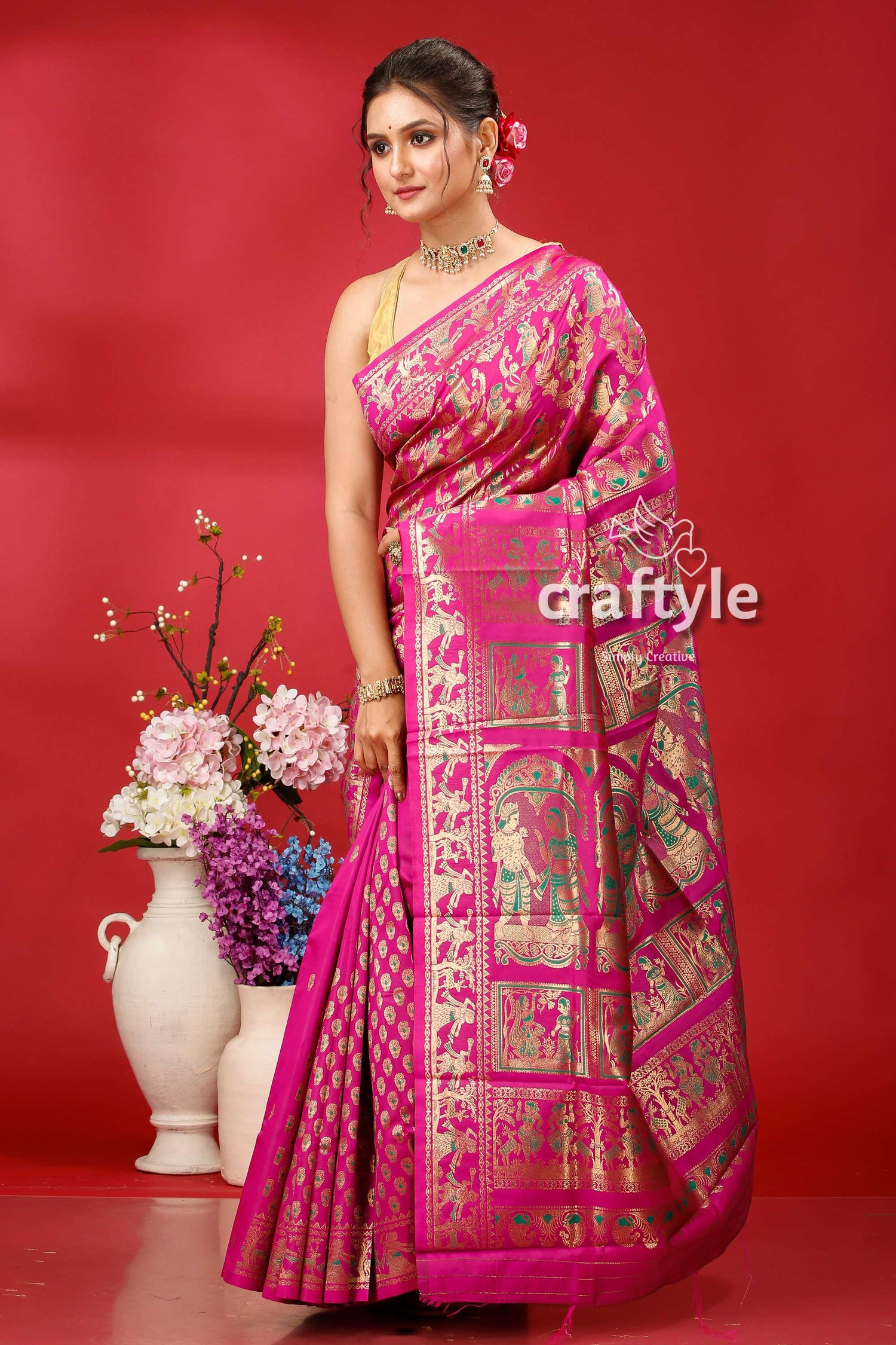 Traffic Purple Soft Silk Swarnachari Saree - Golden Zari Meena Work - Craftyle