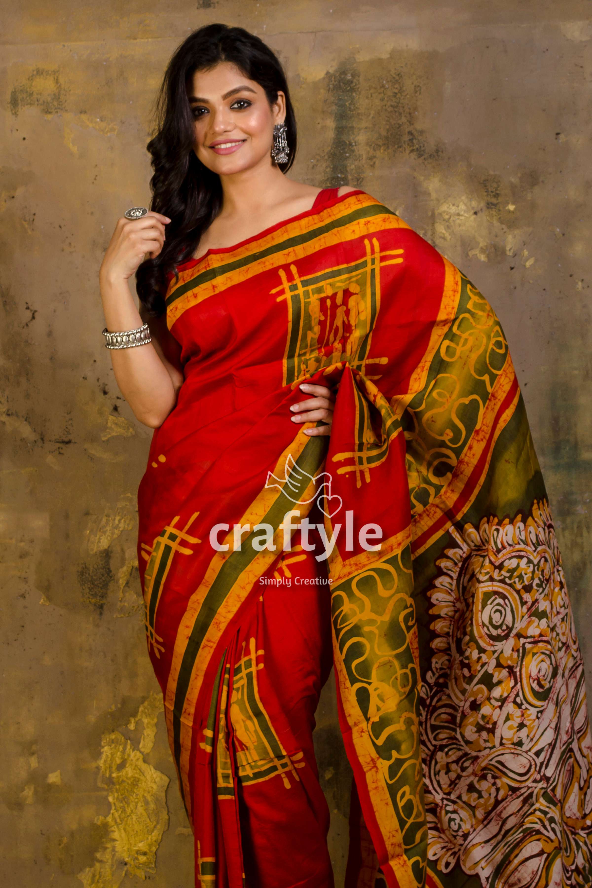 Trimurti Painted Vivid Red Hand Batik Mulberry Pure Silk Saree - Craftyle