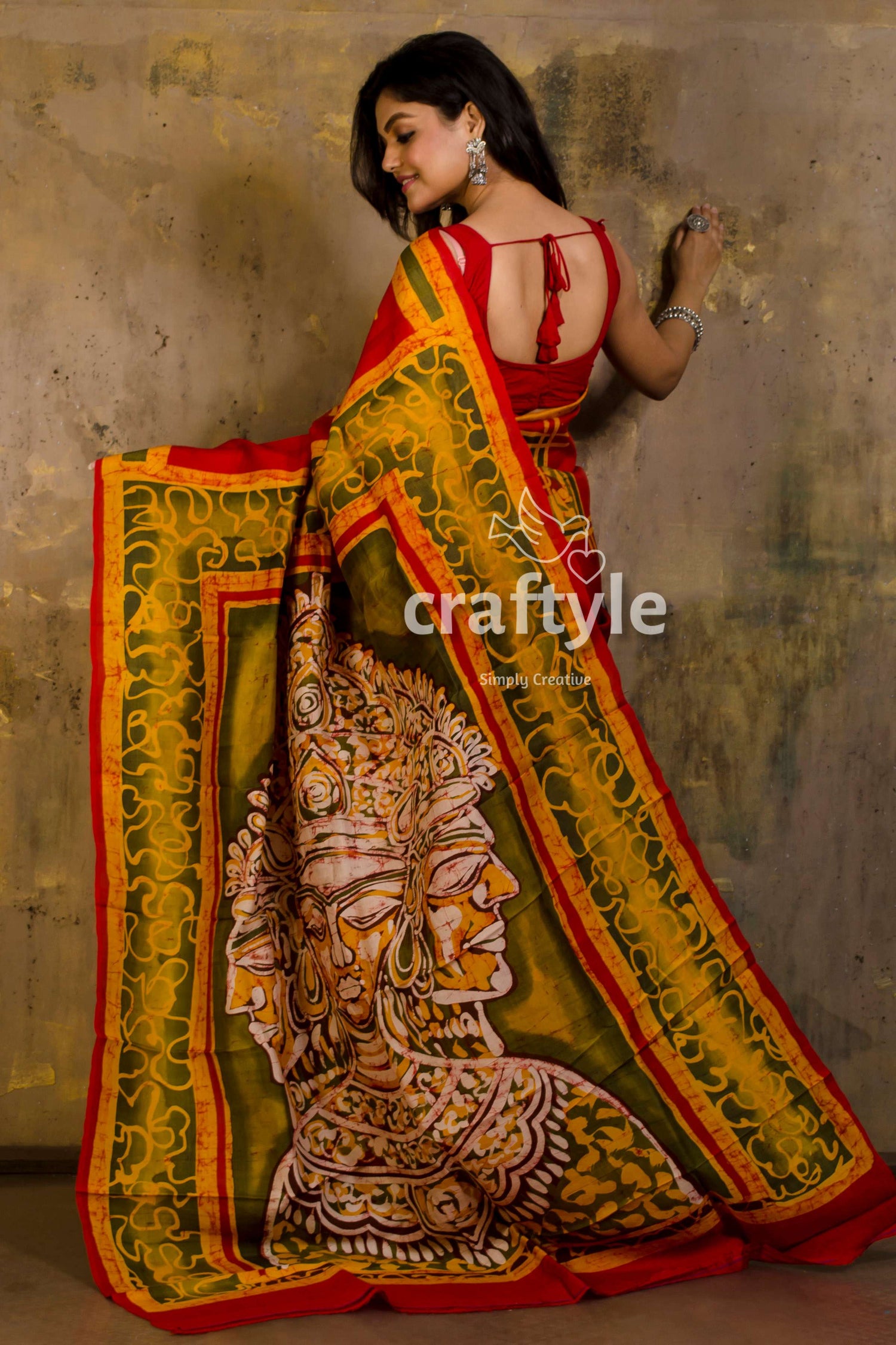 Trimurti Painted Vivid Red Hand Batik Mulberry Pure Silk Saree - Craftyle