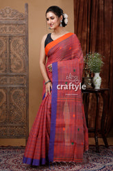 Turkish Rose Stitched Work Handloom Cotton Saree-Craftyle