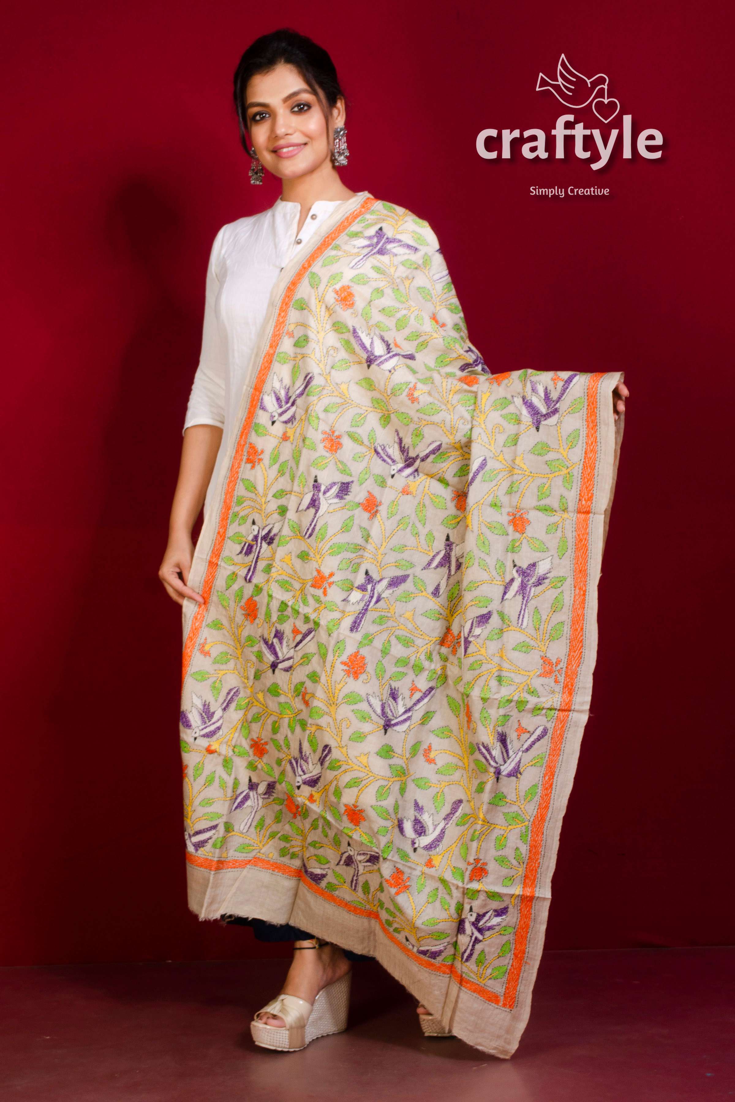 Tussar Silk Embroidered Kantha Dupatta - Craftyle