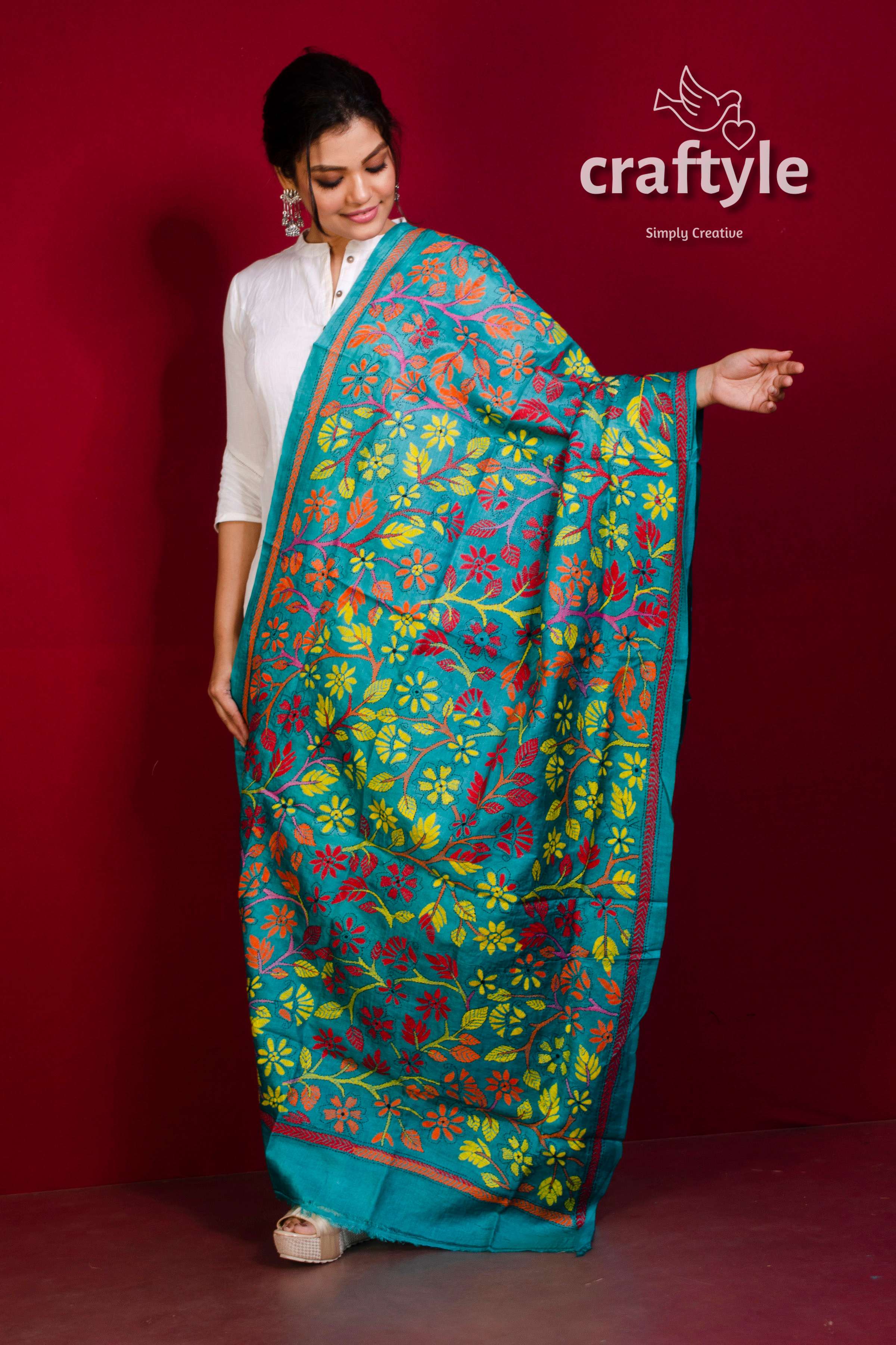 Tussar Silk Kantha Stitch Dupatta - Craftyle