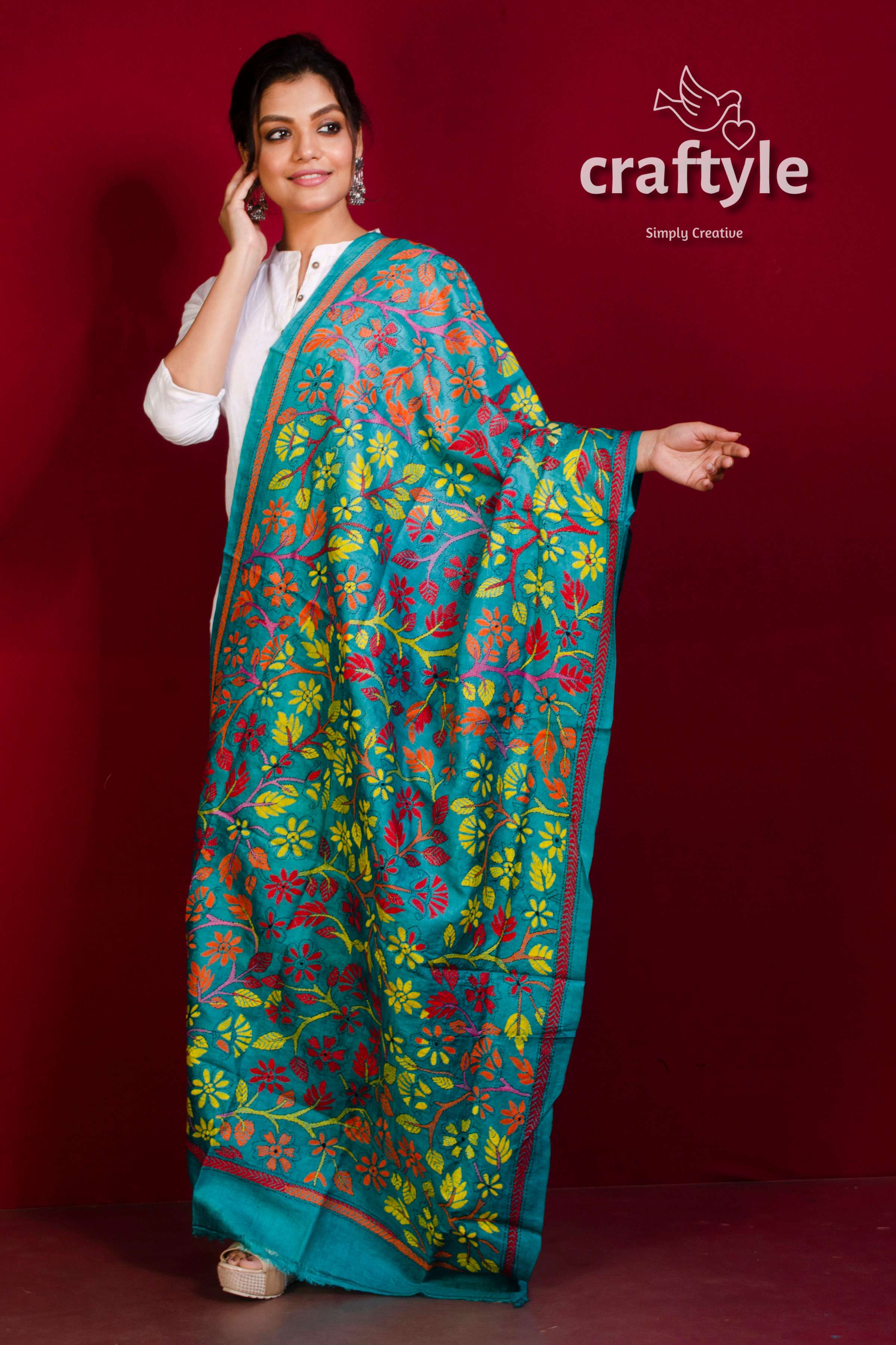 Tussar Silk Kantha Stitch Dupatta - Craftyle