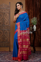 Ultramarine Blue Gadwal Silk Saree with Zari Border and Butta Design - Craftyle