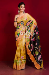 Unique Hand Painted Sandy Yellow Pure Tussar Kalamkari Saree with Zari Border - Craftyle