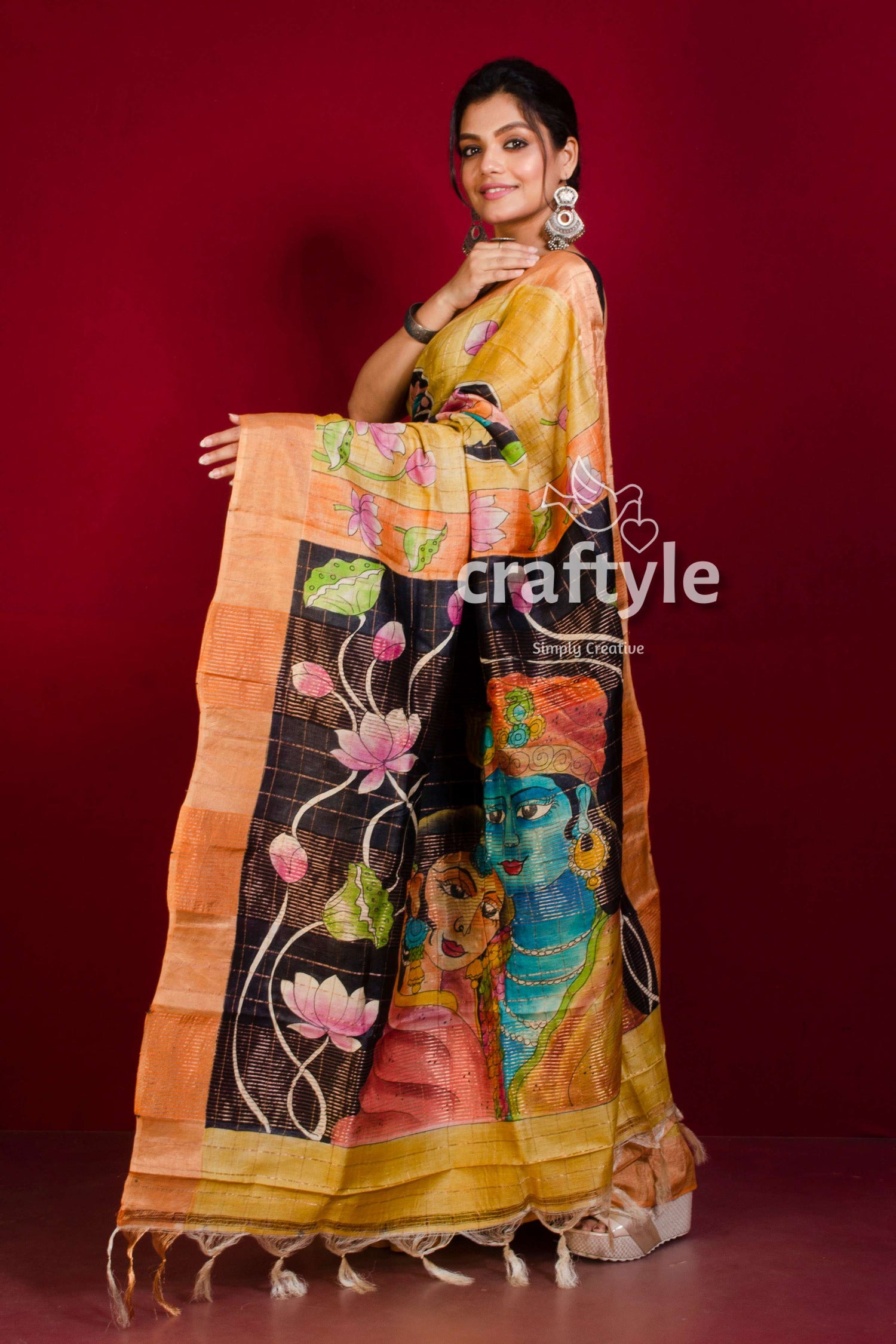 Unique Hand Painted Sandy Yellow Pure Tussar Kalamkari Saree with Zari Border - Craftyle