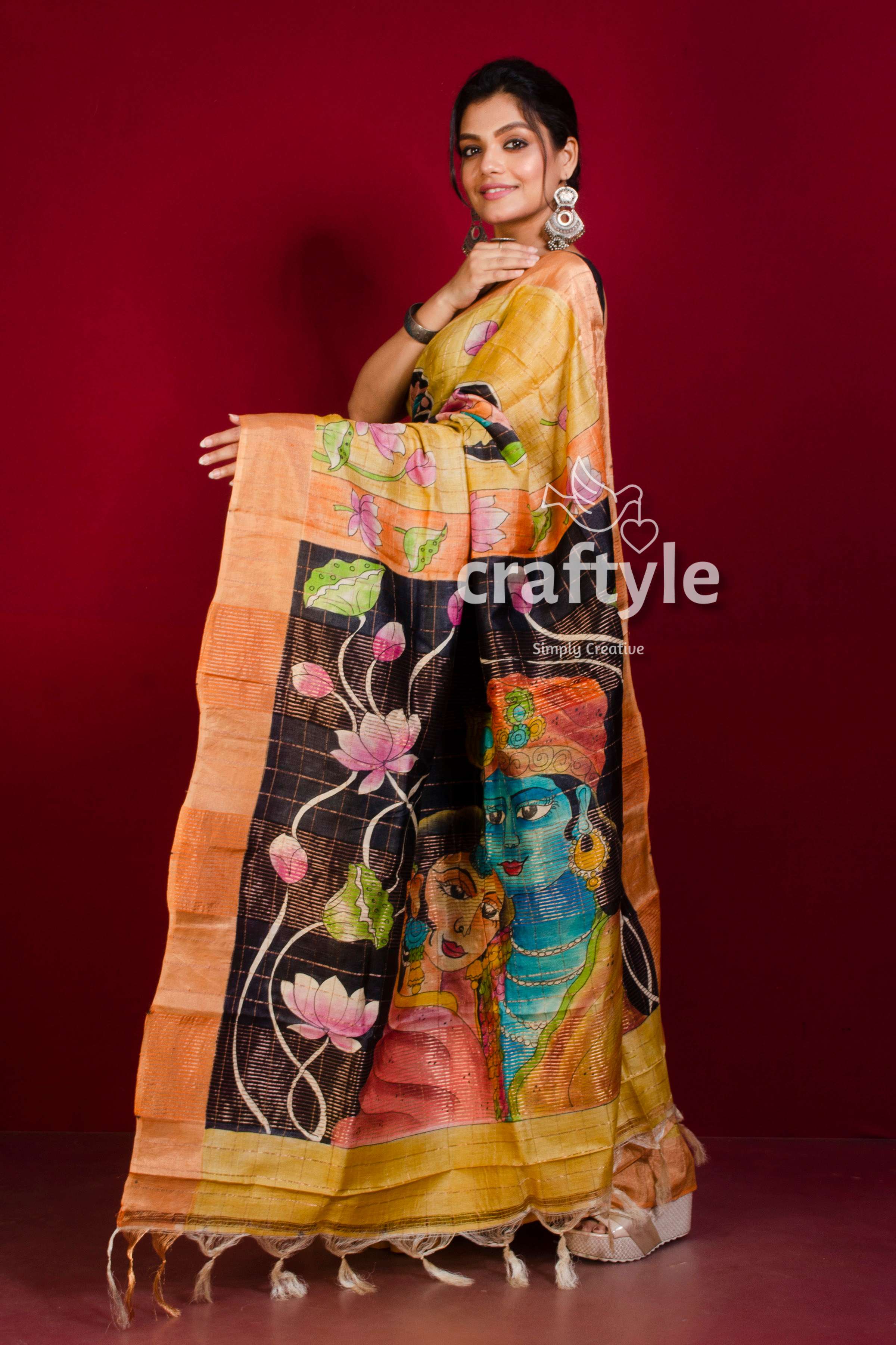 Unique Hand Painted Sandy Yellow Pure Tussar Kalamkari Saree with Zari Border - Craftyle