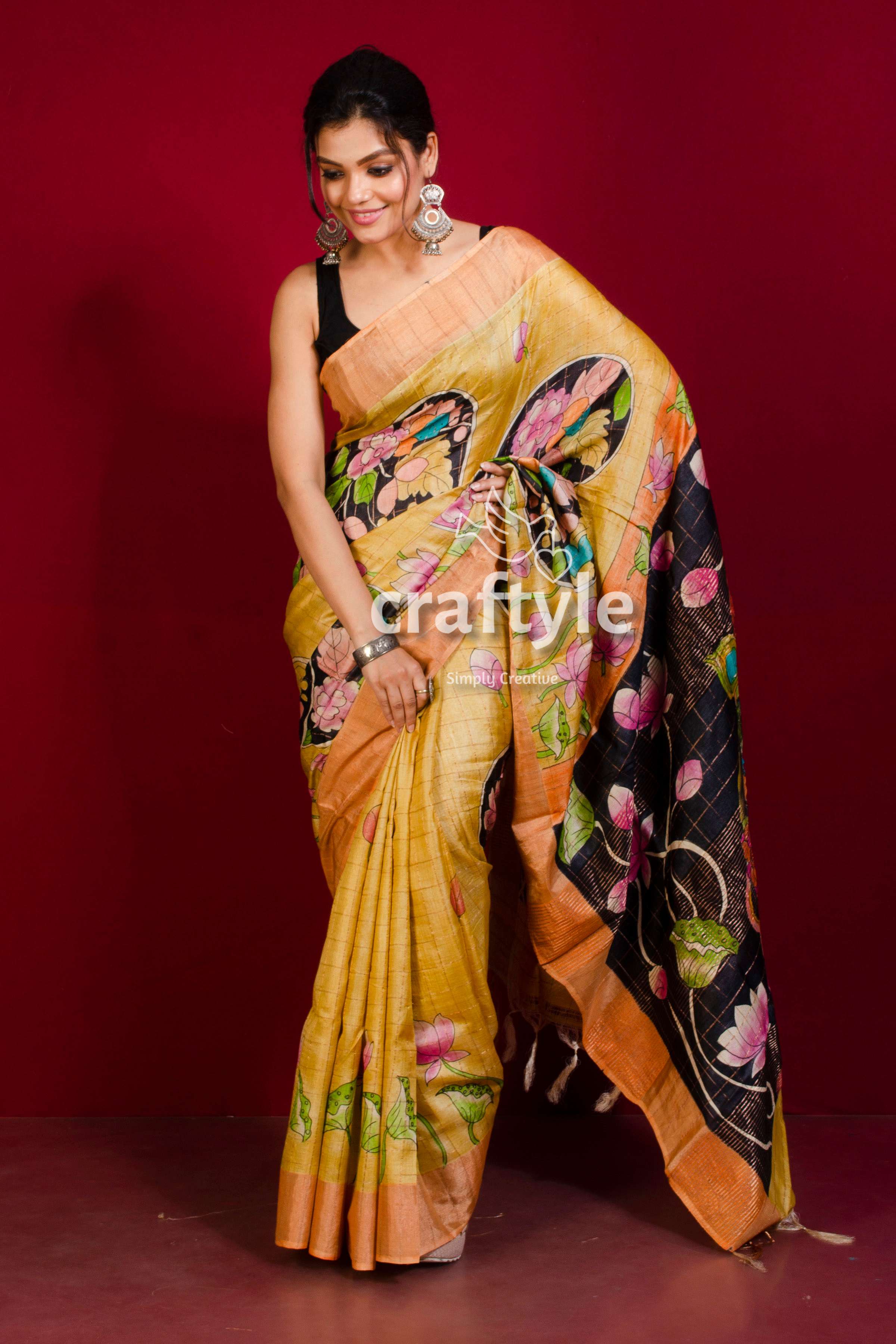 Pure Bishnupuri good Tussor Silk With Zari Boder Hand Painted Work All Over The Sasree