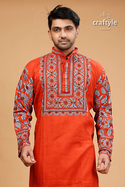 Vermilion Hand Kantha Work Cotton Ethnic Punjabi for Men - Craftyle